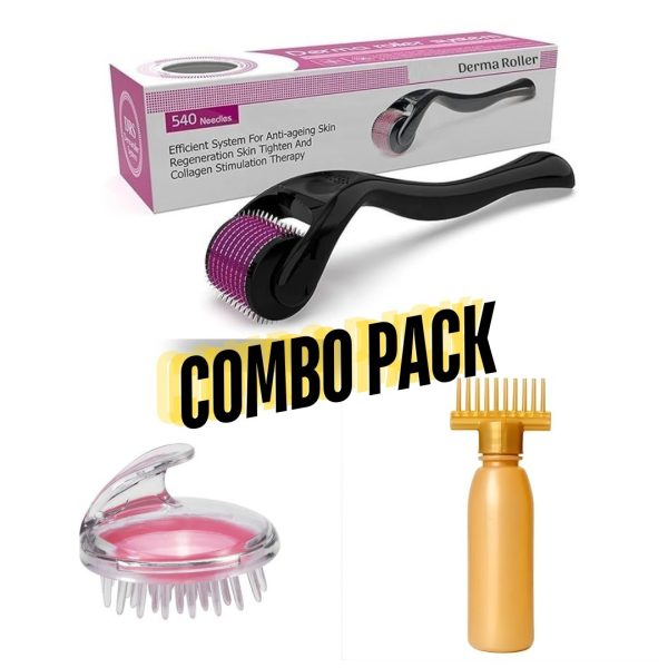 Combo Pack Derma Roller + Hair Oil Applicator Bottle +  Hair Scalp Massager | Pack of 3 Deal