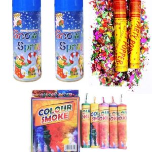 Celebration Combo Pack – 2 Snow Sprays + 2 Party Poppers + 5 Color Smoke Bombs for Birthdays & Parties