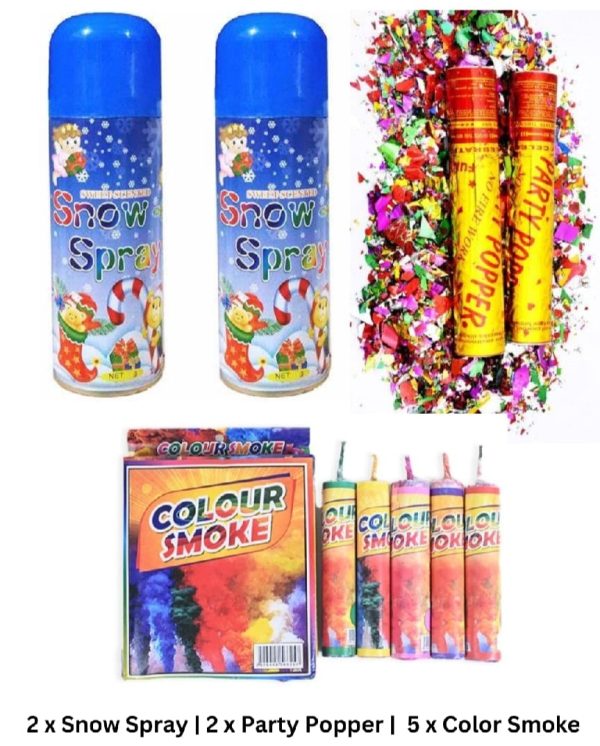 Celebration Combo Pack – 2 Snow Sprays + 2 Party Poppers + 5 Color Smoke Bombs for Birthdays & Parties