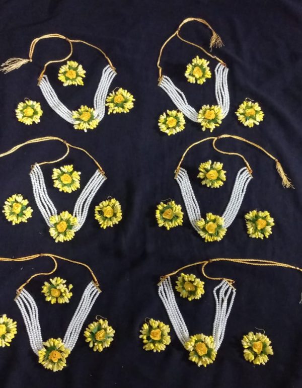 Artificial flower Flower Jewelry Set Pearl  Choker Necklace with Maang Tikka Earrings Floral Handmade perfect for mehndi, mayon, or haldi ceremonies - Image 2