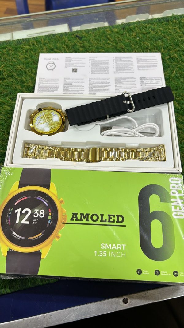 GEN PRO 6 AMOLED Smartwatch – Display with Dual Straps (Silicone + Golden Metal Strap) - Image 5