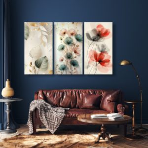 Set Of 3 Flowers Art Wooden Frames For Wall Decoration / Sticky Photo Tiles