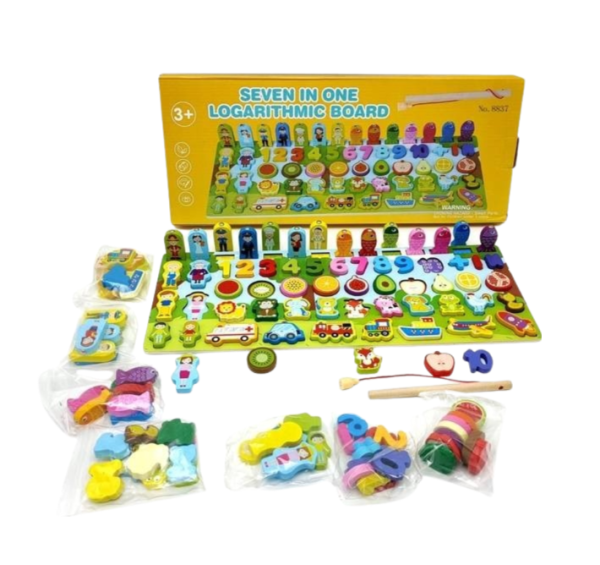 7-in-1 Logarithmic Board Educational Toy for Kids – Montessori Wooden Learning Puzzle with Numbers, Shapes, Colors, Stacking Rings, and Counting Pegs
